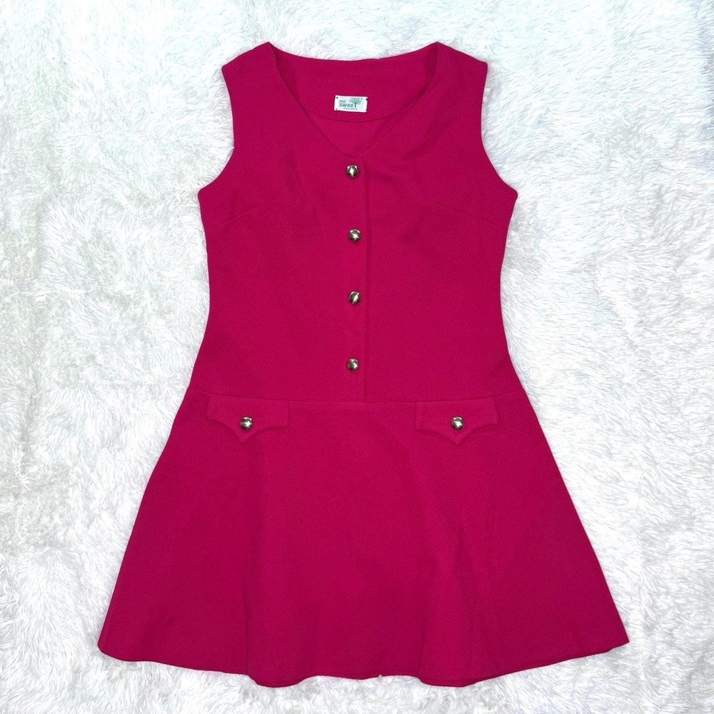 Vintage 60's Mr. Sweet Originals Size 14‎ Pink Mod Mini Dress with Gold Buttons